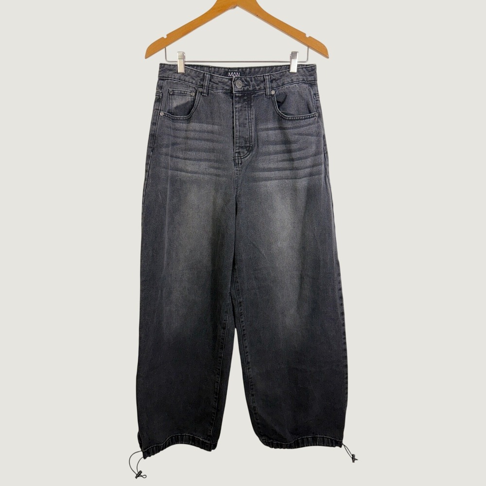 boohooMAN Jeans Mens 32 Gray Acid Wash Wide Leg Bungee Hem Baggy Streetwear